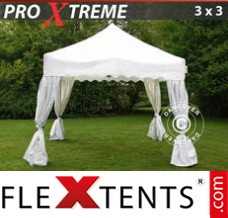 Tente evenementielle FleXtents Xtreme "Wave" 3x3m Blanc, avec 4 rideaux decoratifs